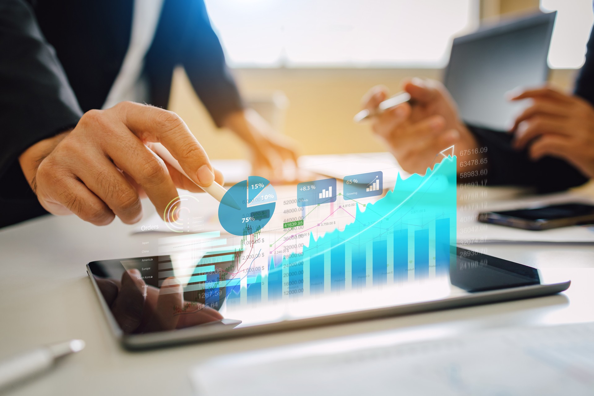 Business analysis big data screen and economic growth with financial graph. Concept of virtual dashboard technology digital marketing and global economy network connection. 3D illustration.